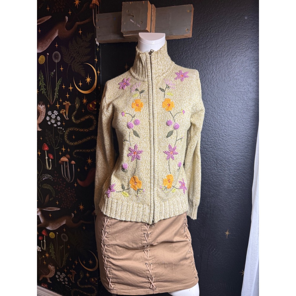 Jones Wear Sport Floral Embroidered Zip Up Cardigan Sweater Sage Green Small